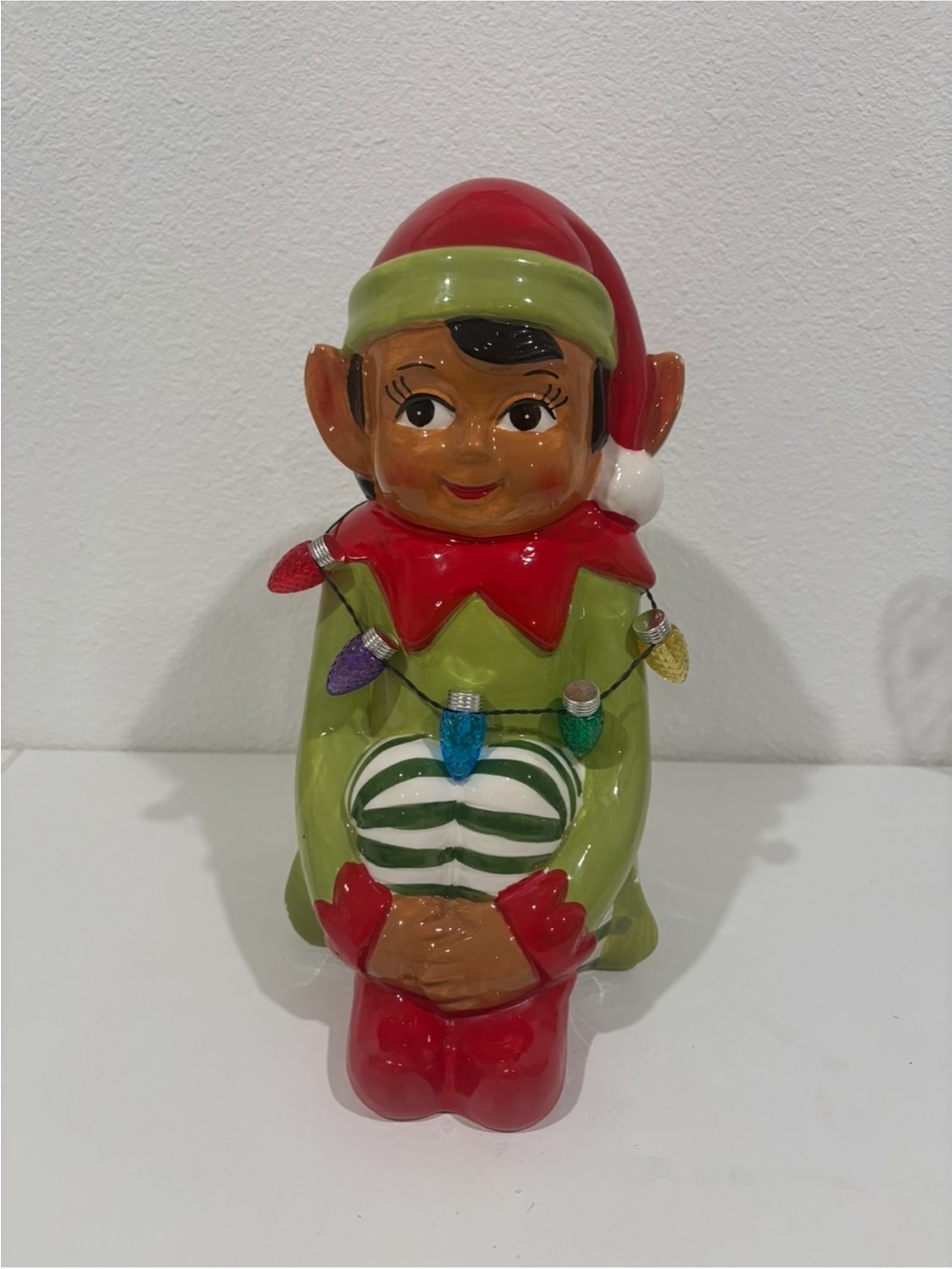 Mr Christmas -Festive Green and Red Ceramic Elf Figurine Preowned